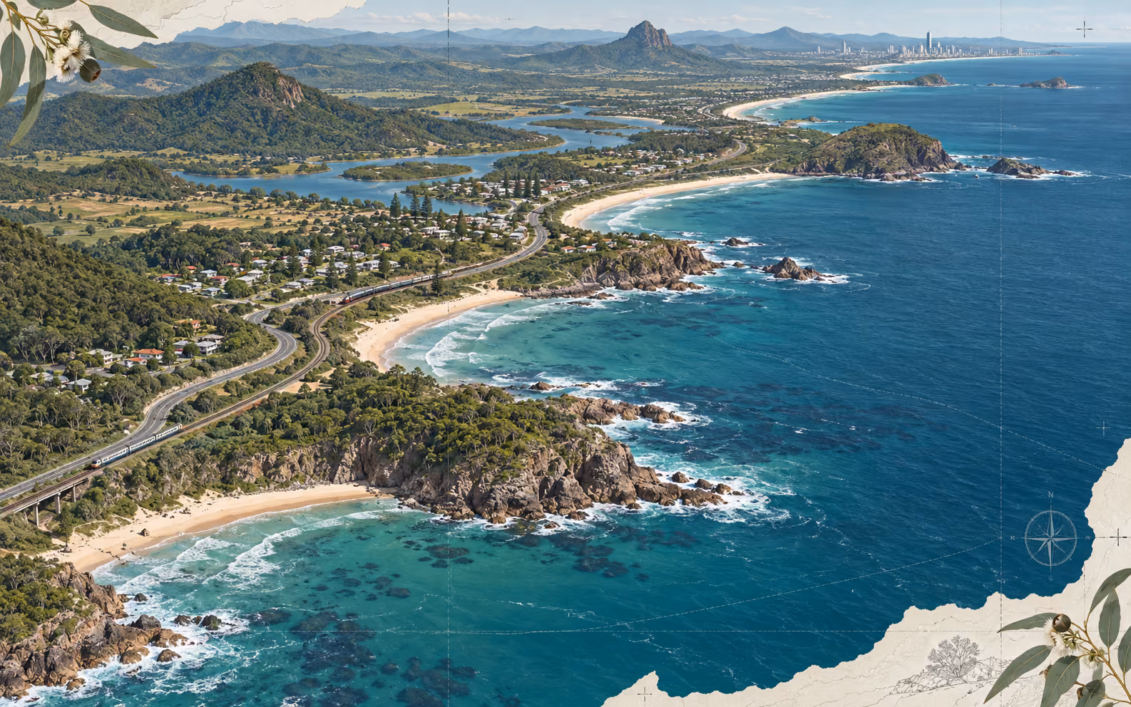 Editorial illustration of an Australian coastal corridor with road and rail connections
