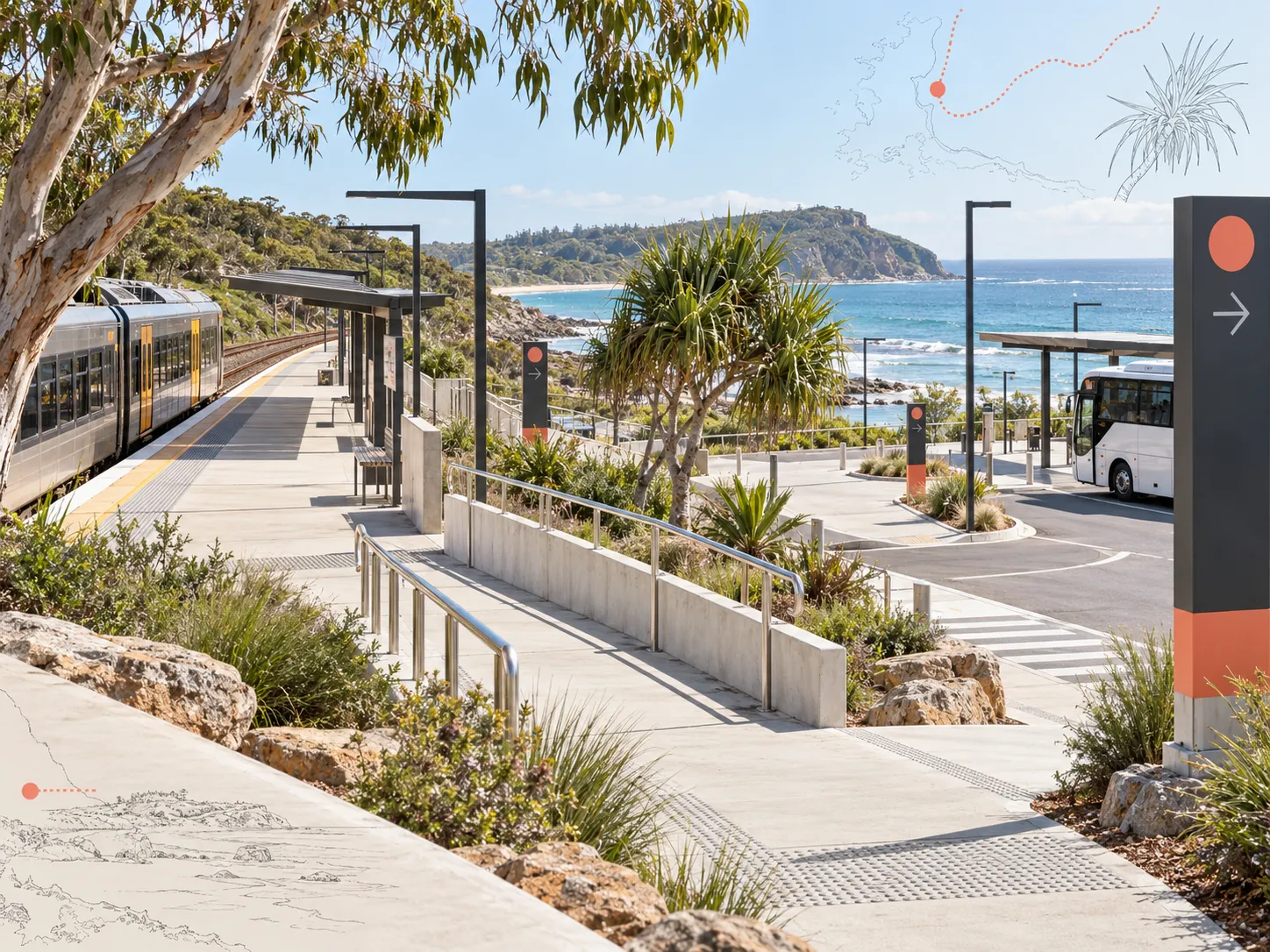 Editorial illustration of an accessible coastal rail and coach interchange