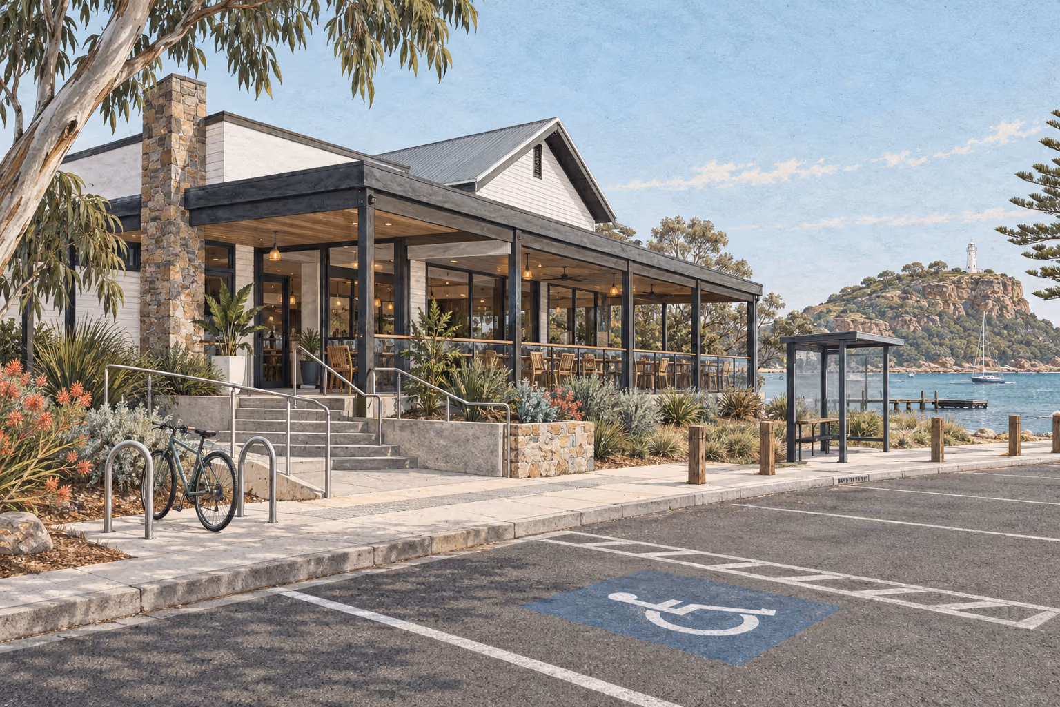 Generic editorial illustration of a coastal hospitality venue